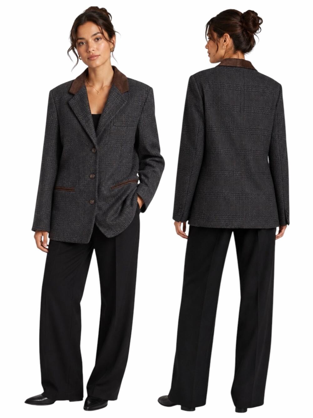 Express Suede Collar Wool Plaid Blazer Jacket Suede Gray Brown Size L